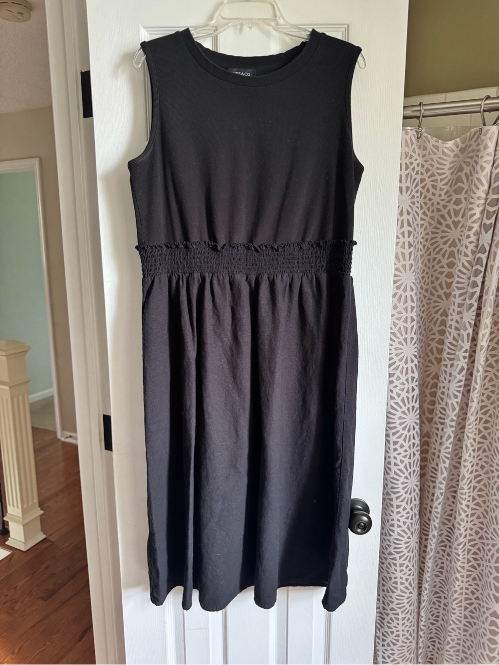 Jones New York Black Sleeveless Mixed Media Midi Dress with Smocked Waist Detail